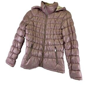 BOGO Kenneth Cole Packable Puffer Coat Hooded Jacket Pink Metallic Zip Women SML